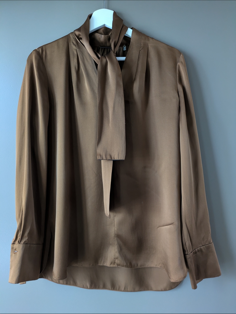 Elie Tahari Silk Size S Brown Tie-Neck Blouse - Elegant Long-Sleeve Top